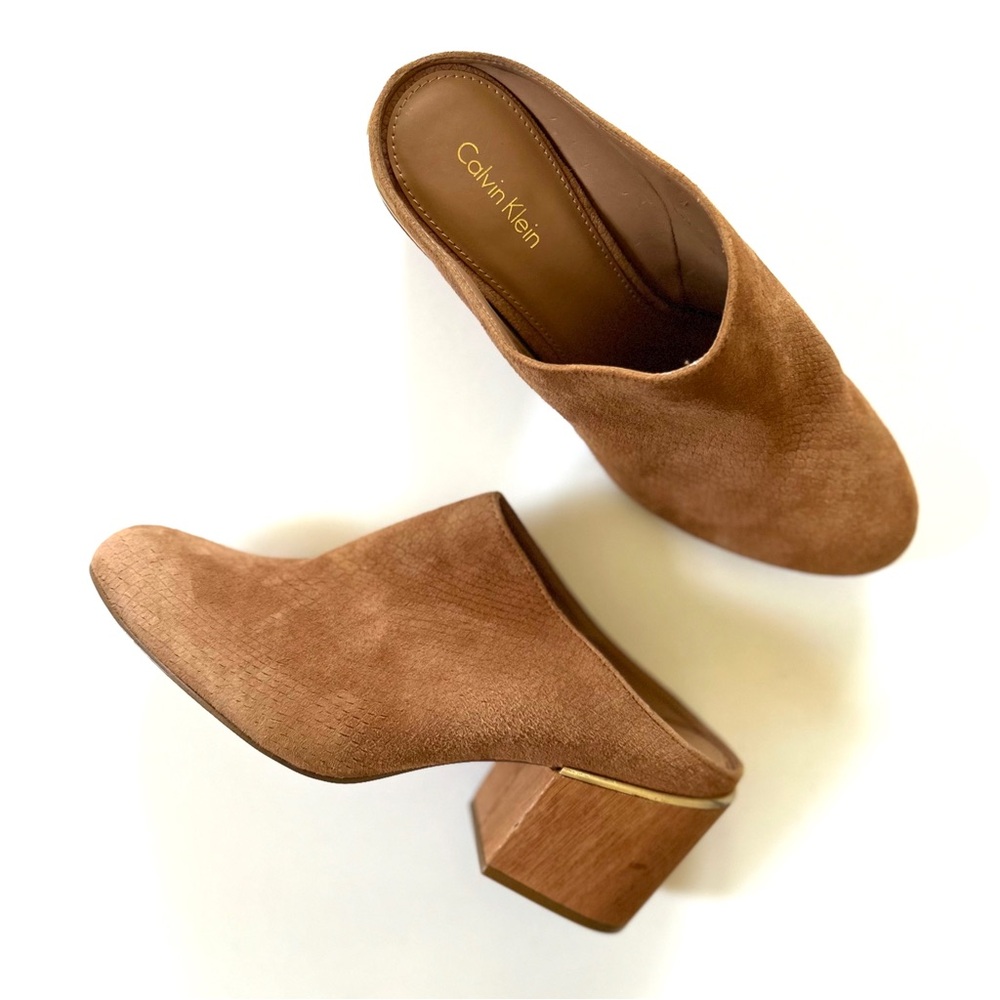 Calvin Klein Cognac Brown Leather Suede Snakeskin Embossed Heeled Judia Mules - Picture 2 of 11